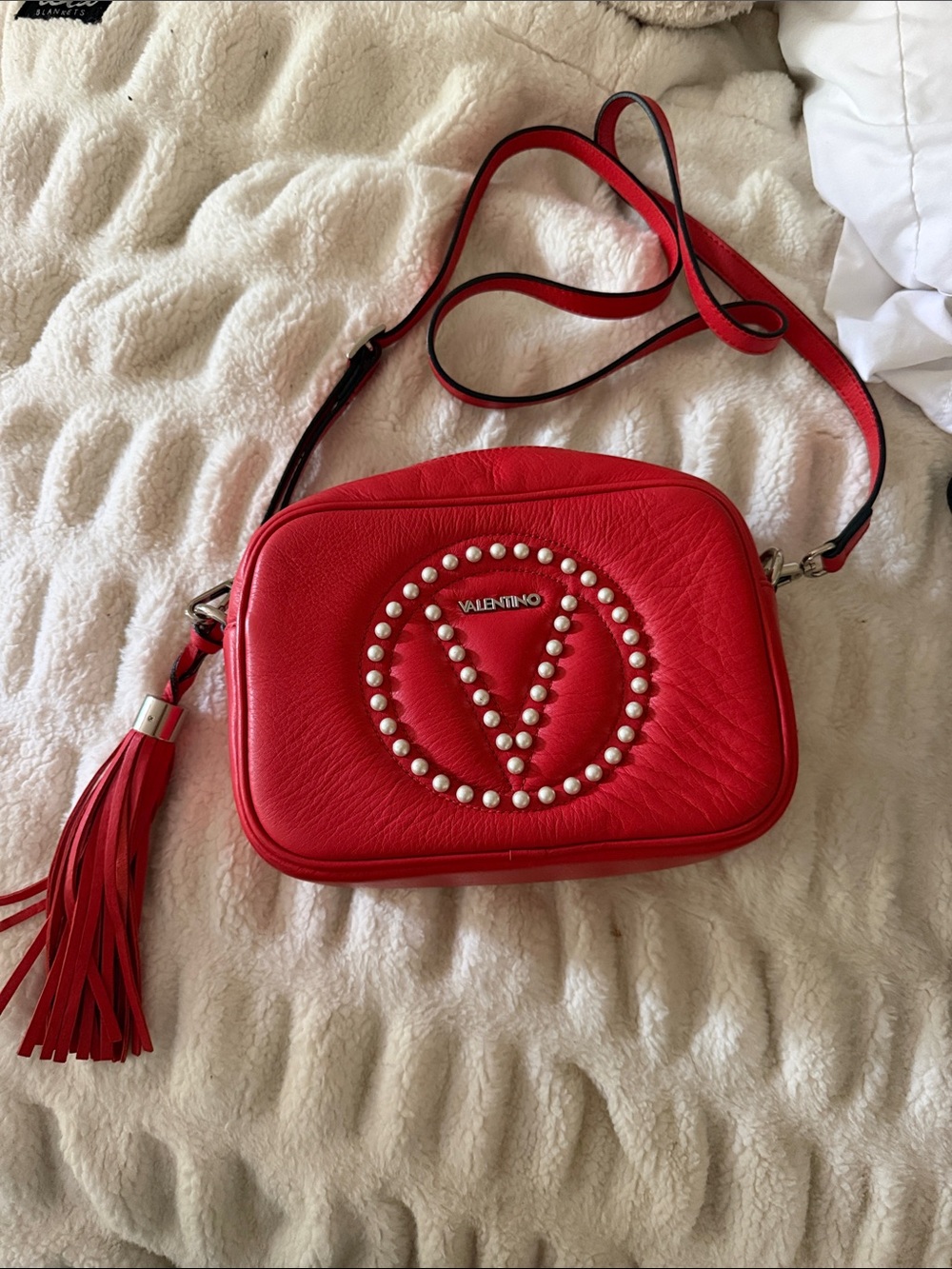 Valentino Red/Orange Pebbled Leather Crossbody with Pearl V Emblem and Tass